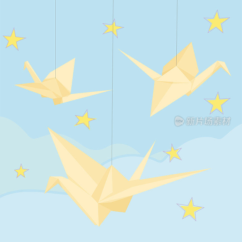 poster with origami cranes on the background of the night sky and stars. clouds and stars. origami birds on ropes under the ceiling.